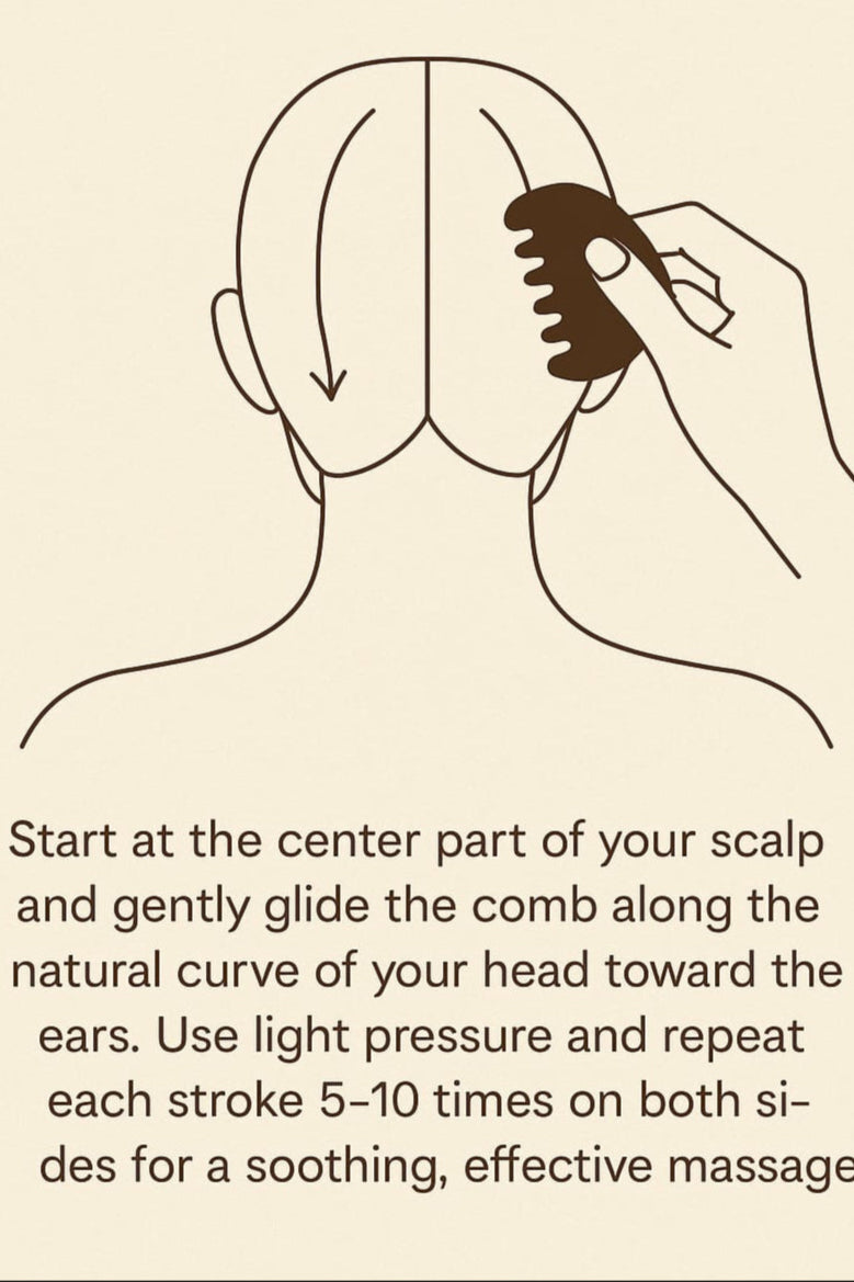 Illustration shows a hand using the Arezu Guasha Comb on a scalp, gliding from the center part toward the ear. Arrows show direction. Text advises 5–10 light-pressure strokes per side to support scalp health.